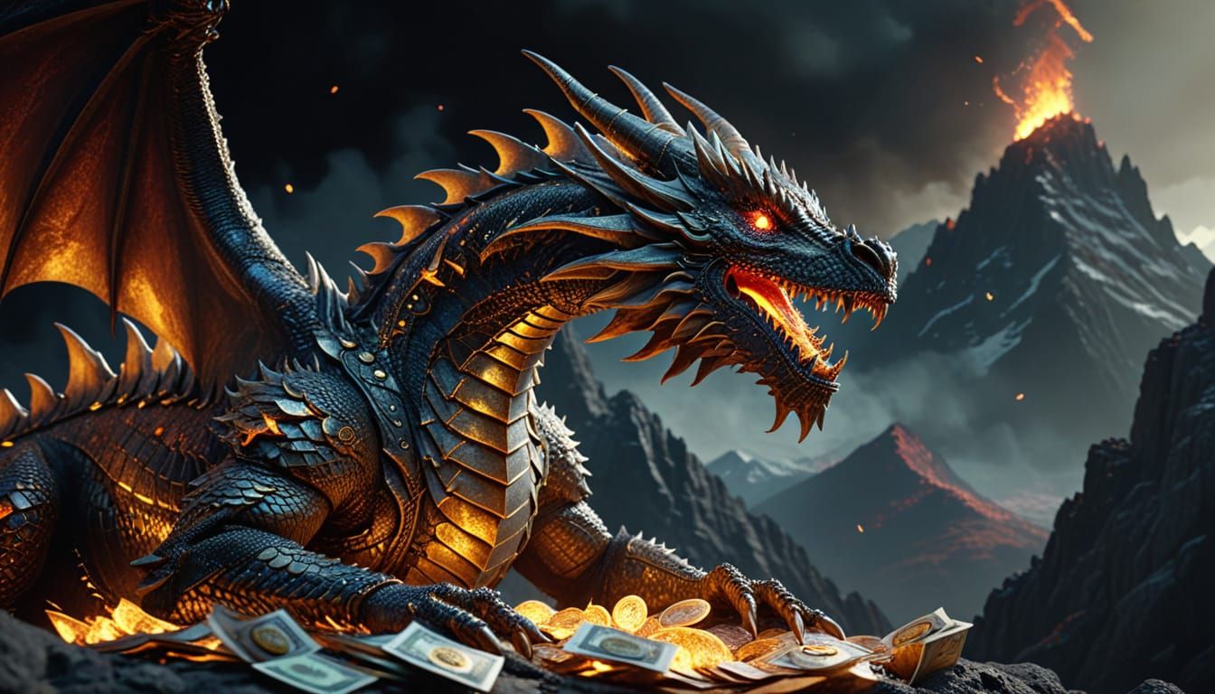 Colossal Gold Dragon on Banknote Mountains