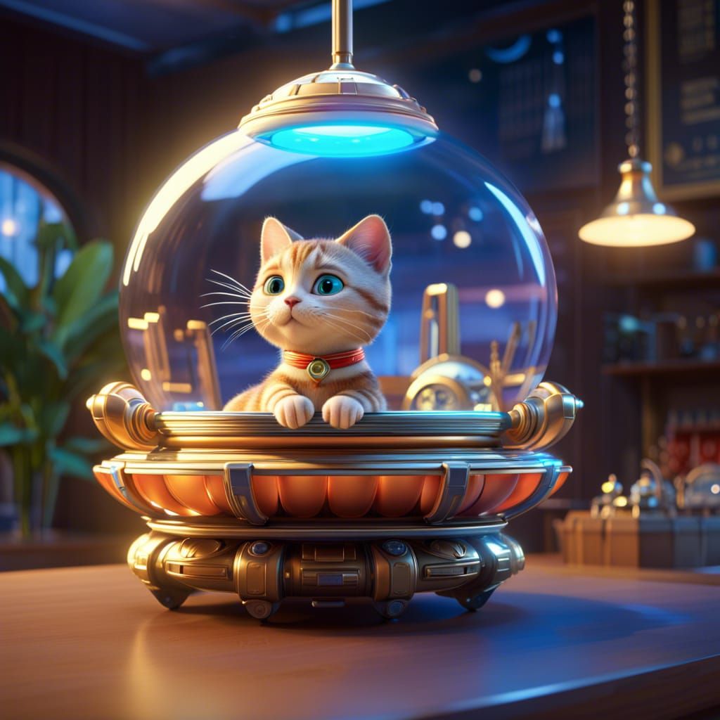 Adorable Cat Pilot in UFO, Animated Style