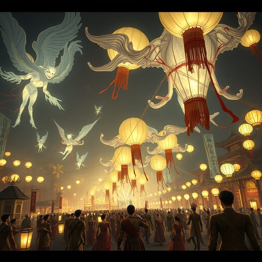 Festival of Whispering Winds Parade in Painterly Concept Art...