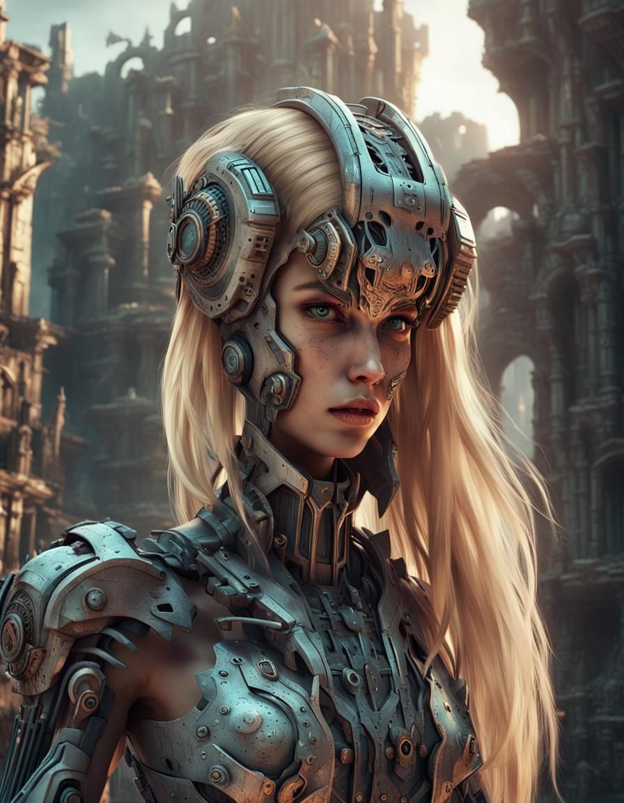 Biomechanical Woman in Ruins: Fantasy Concept Art