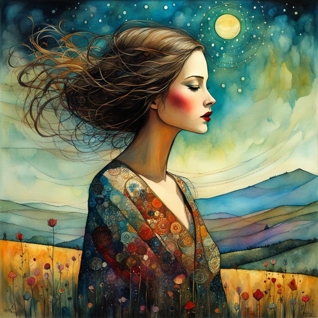 Girl on Hill in Art Brut Digital Illustration