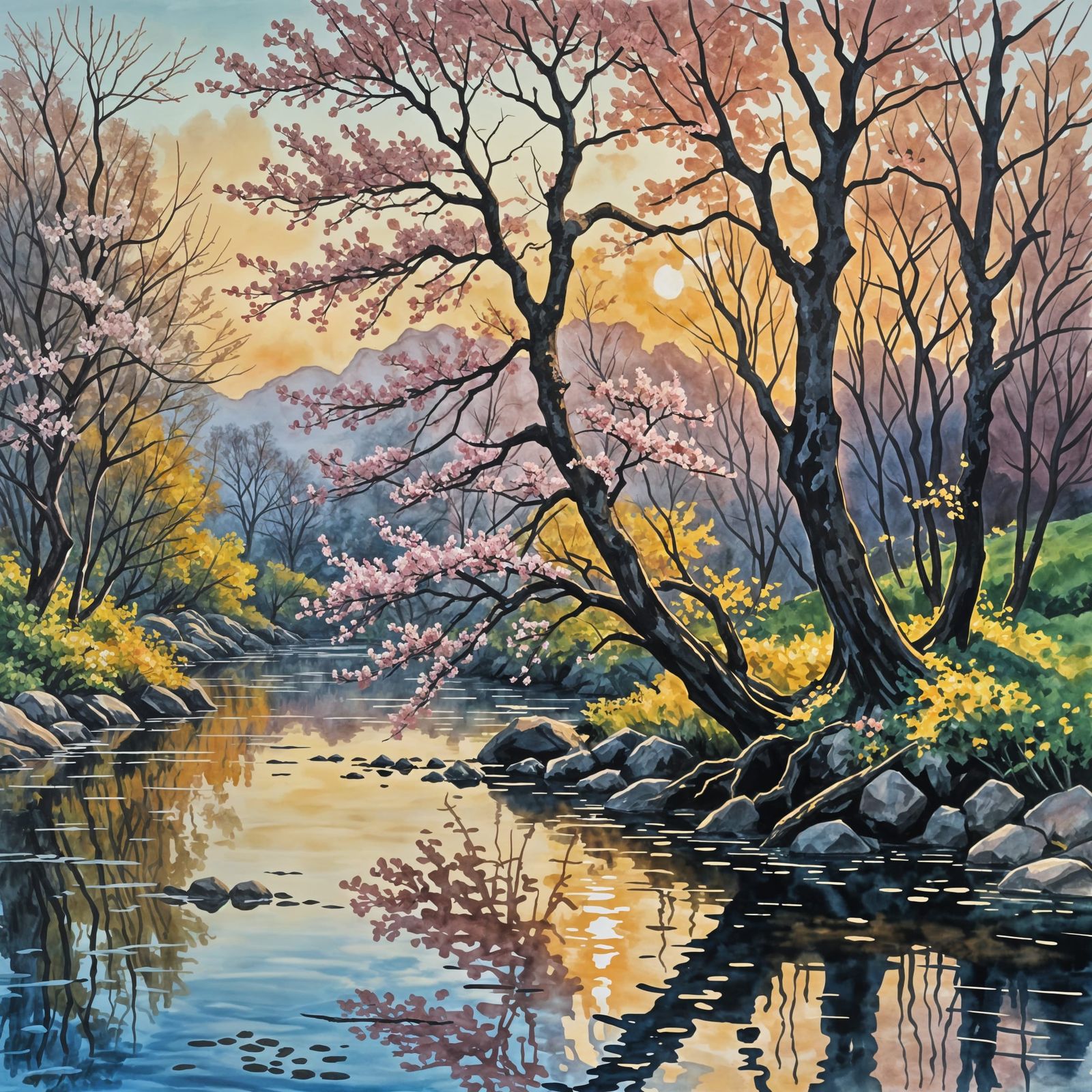 Sakura Tree Sunset: Gouache and Watercolor Impressionism