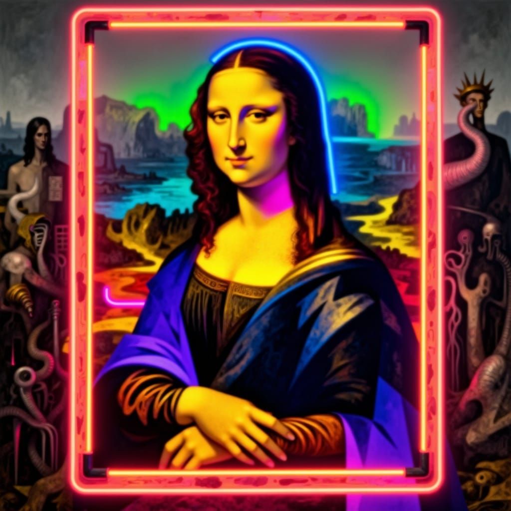 Mona Lisa Reimagined with Neon Frame, Abstract Style