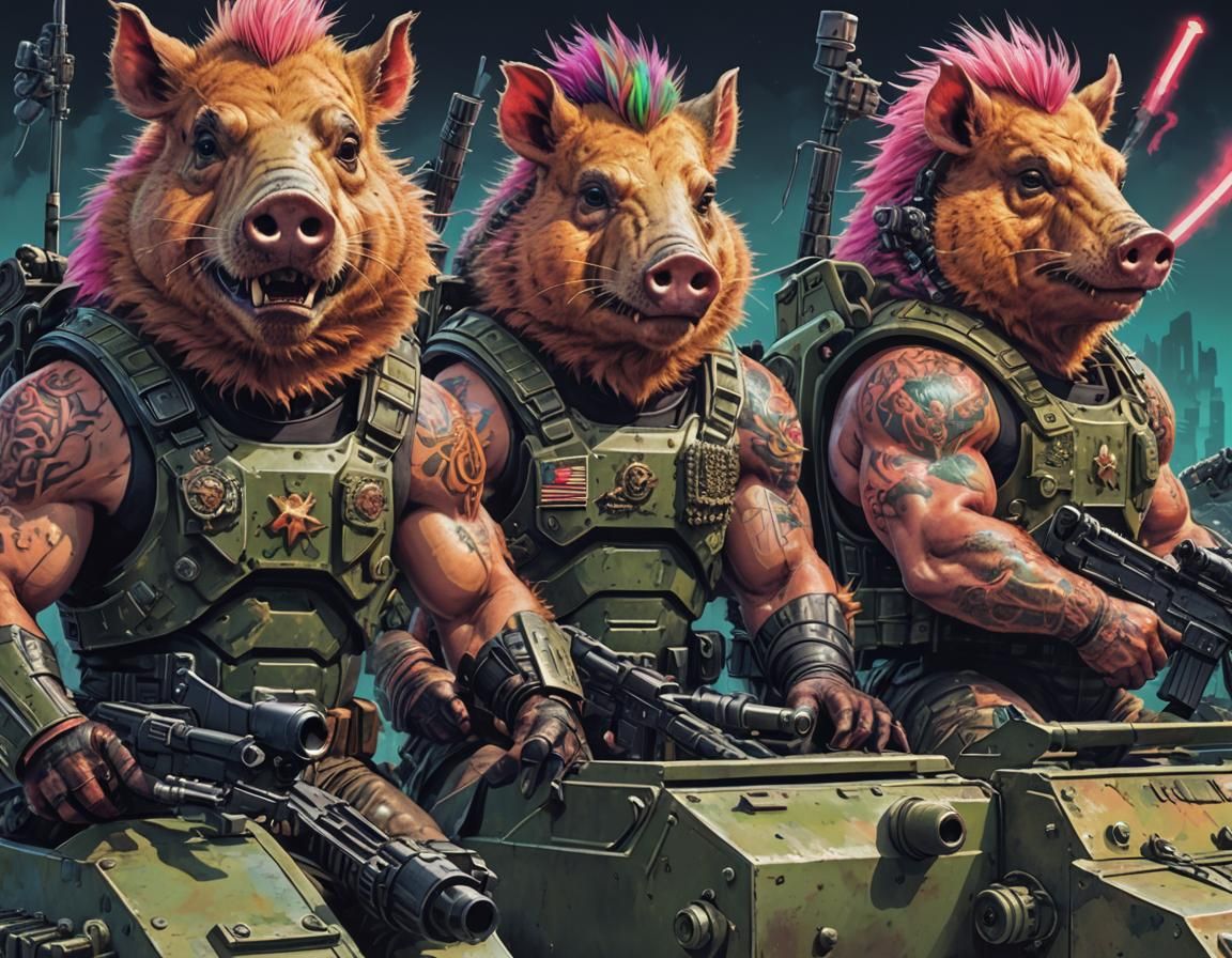 Armored Boars Ride Tank in Surreal Digital Art