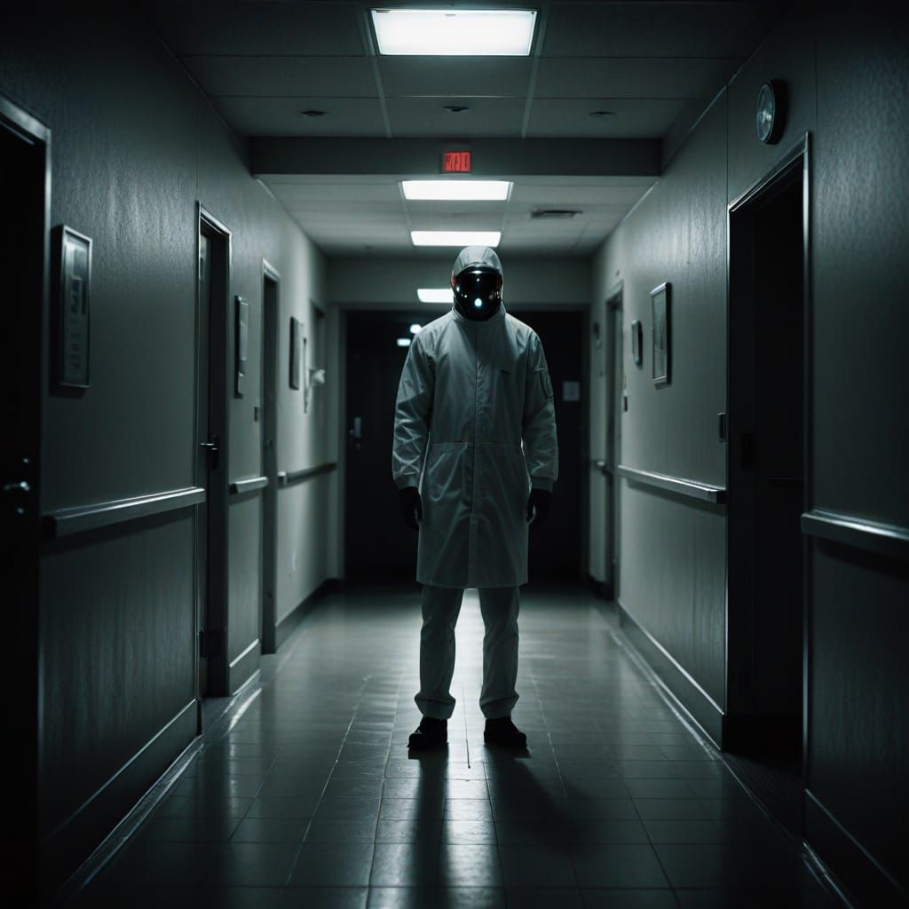 Disturbing Sci-Fi Figure in Dark Hospital Corridor