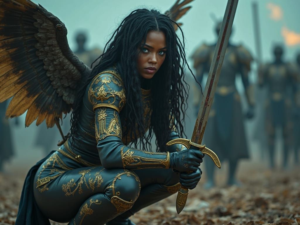 Courageous Winged Warrior Angel Confronts Battle