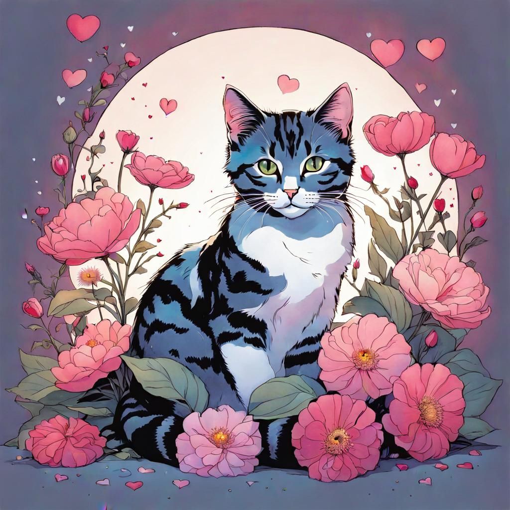 Cute Cat with Flowers in Comic Book Style