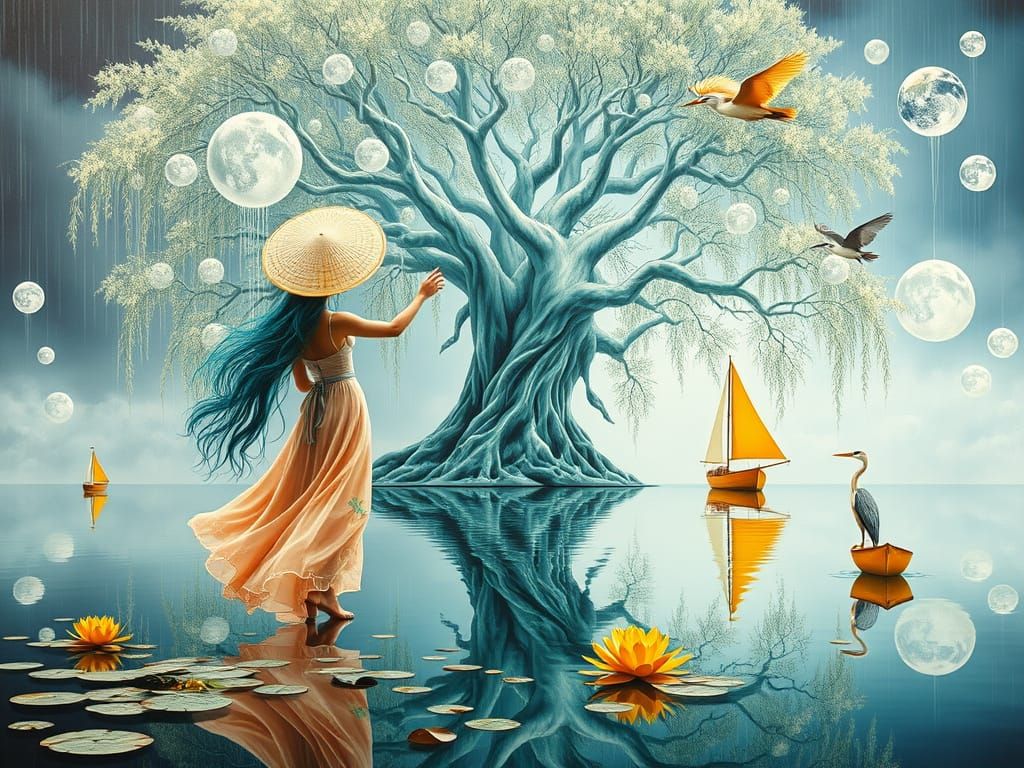 Native American Couple Dancing in Surreal Landscape