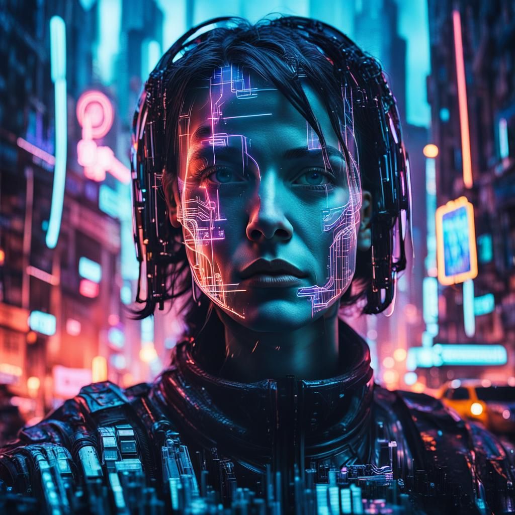 Sci-Fi Protagonist Double Exposure in Cyberpunk Cityscape