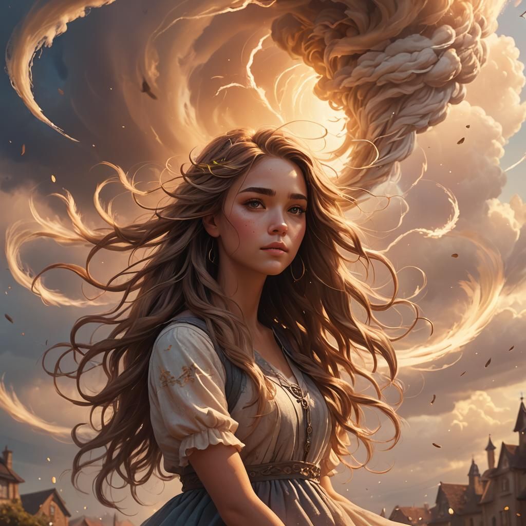 Tornado Lifts Cute Girl in Fantasy Art