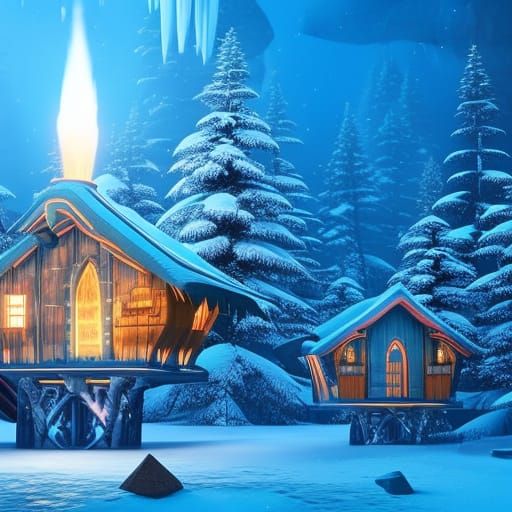 Winter Elven Village with Sci-Fi Plants, by Pablo Amaringo