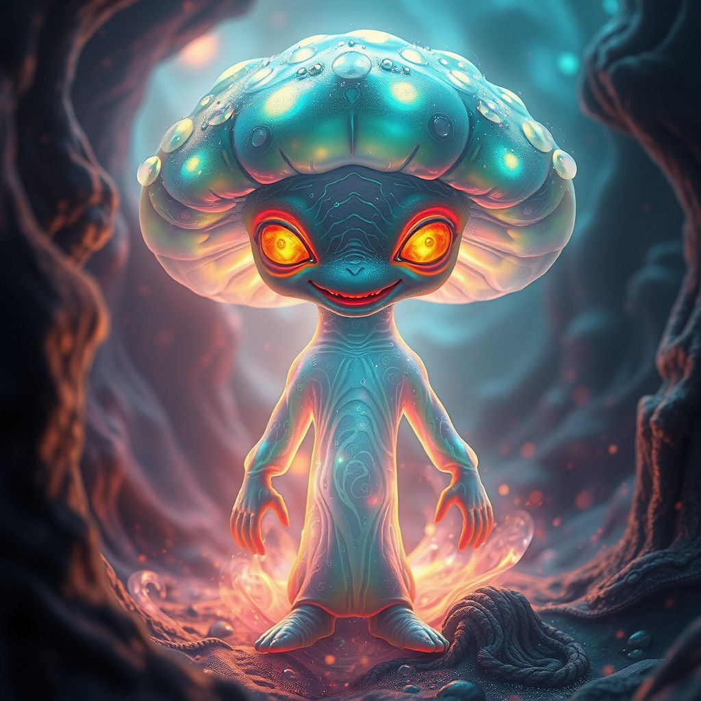 Iridescent Fungal Humanoid in Dreamlike Environment
