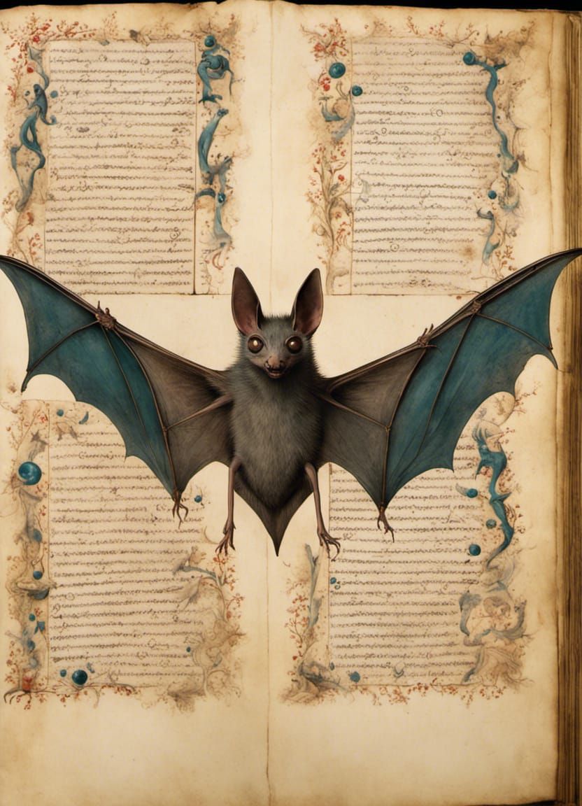 Voynich manuscript the fifteenth-century codex, a medieval bat with outstretched wings on a manuscript page, naturalisti...