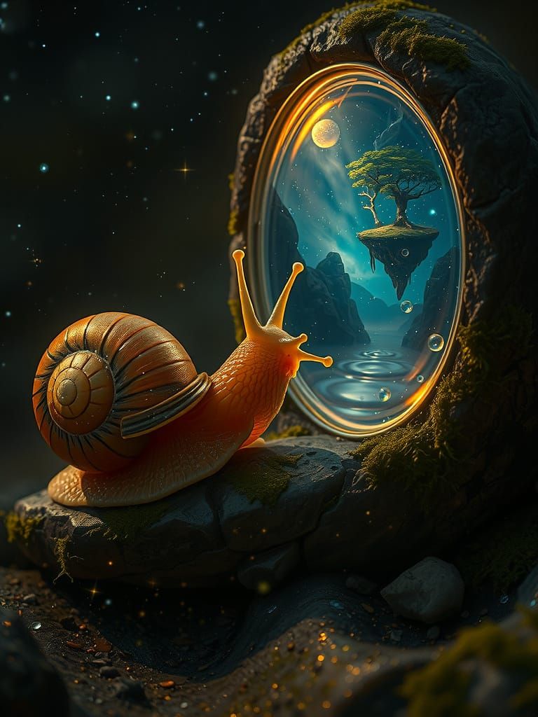 Snail Discovering a Mirror Portal to Fantasy World