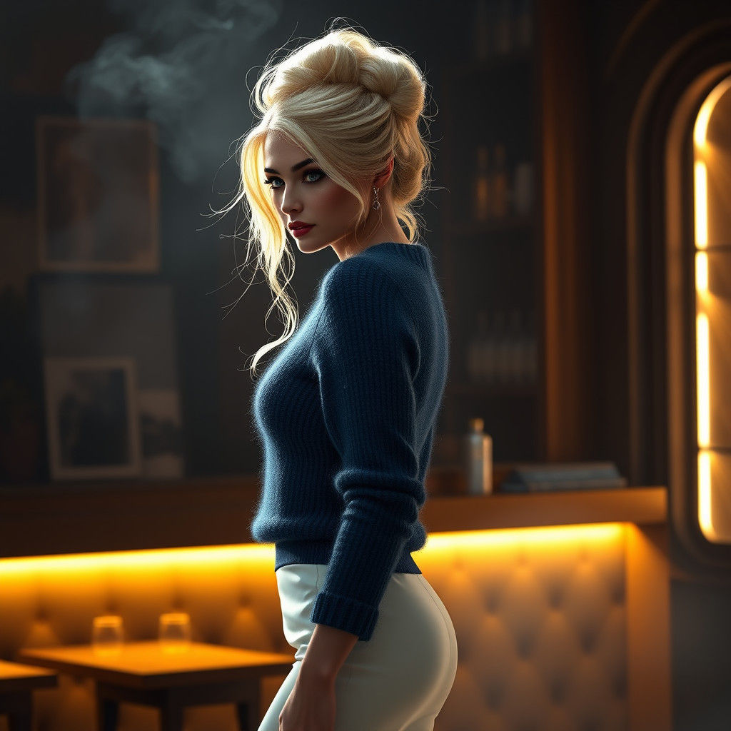 Elegant Blonde Woman in Bar, Dreamlike Concept Art