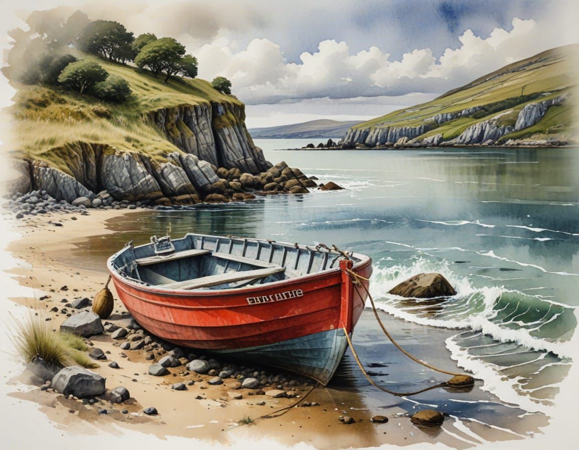 Red Boat on Irish Shore as Aquarelle Old Painting