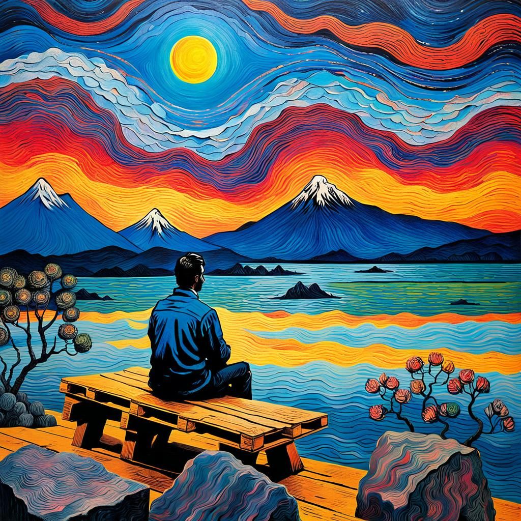 Man Watches Sunset: Impasto Woodblock Surrealist Dreamscape