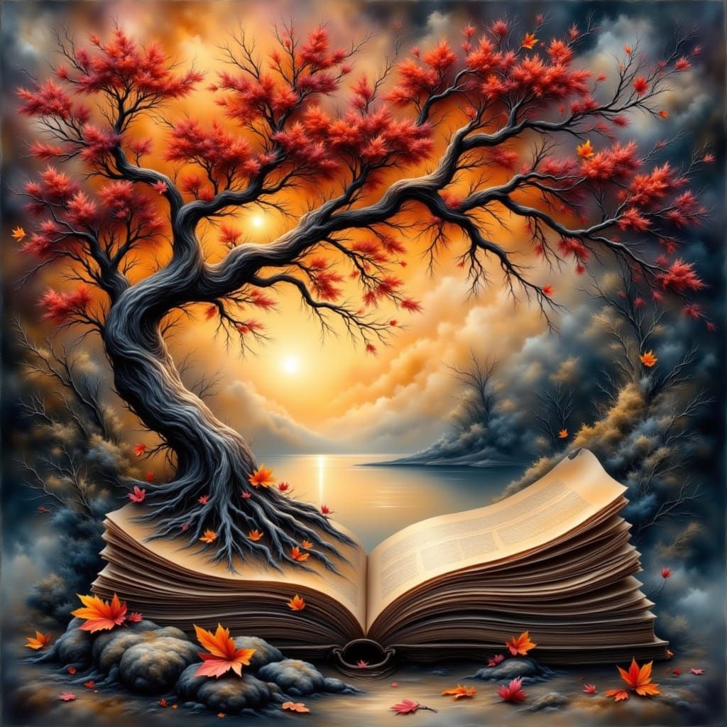 Magical Book with Tree and Sunset Lake Scene