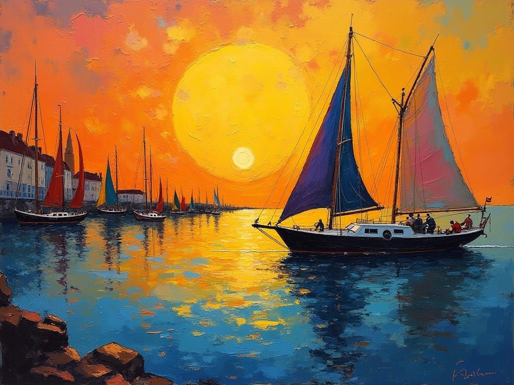 Expressive Harbour Scene at Sunset in Kandinsky-Inspired Oil...