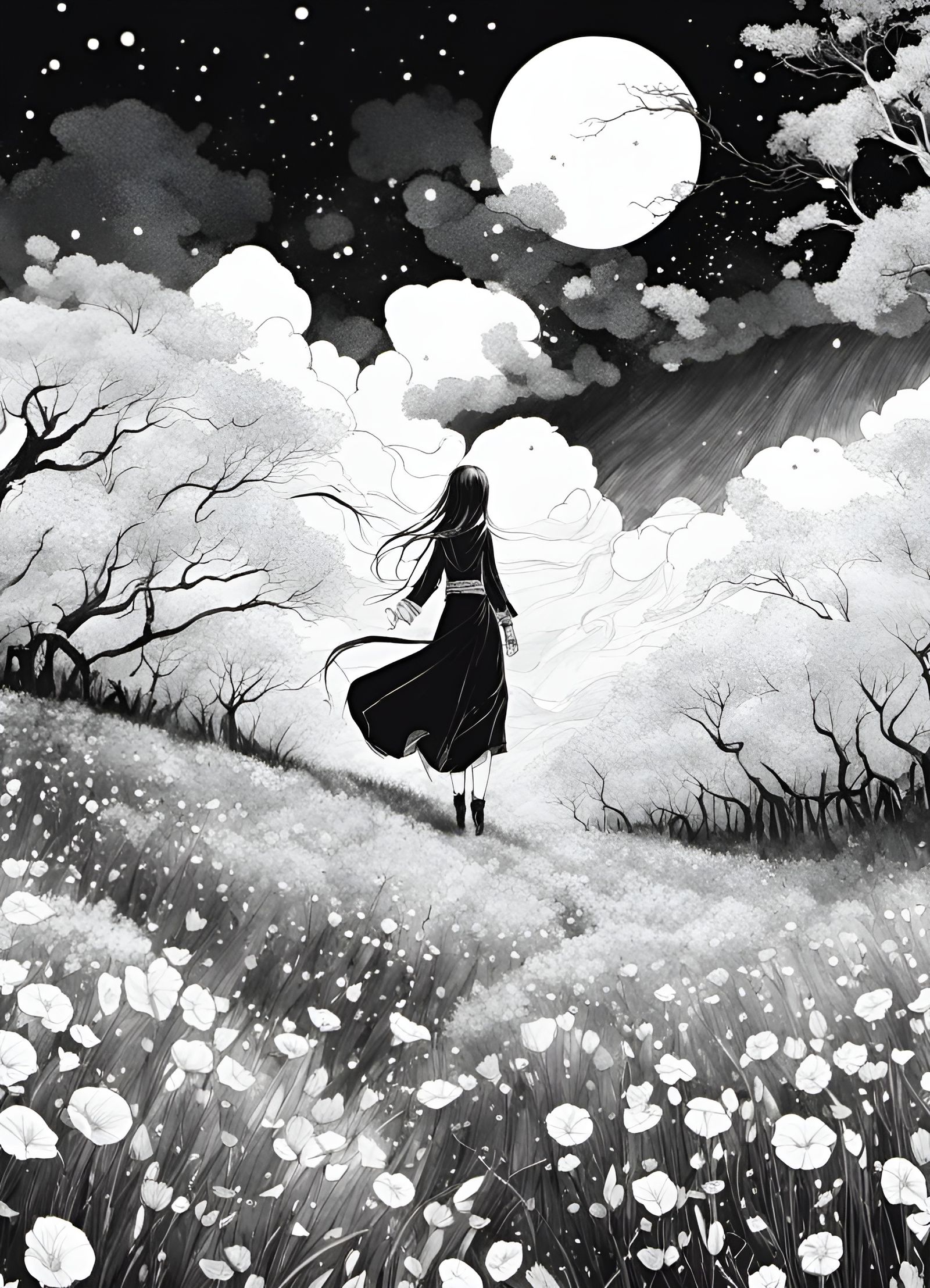 Anime Landscape in Black and White Ink