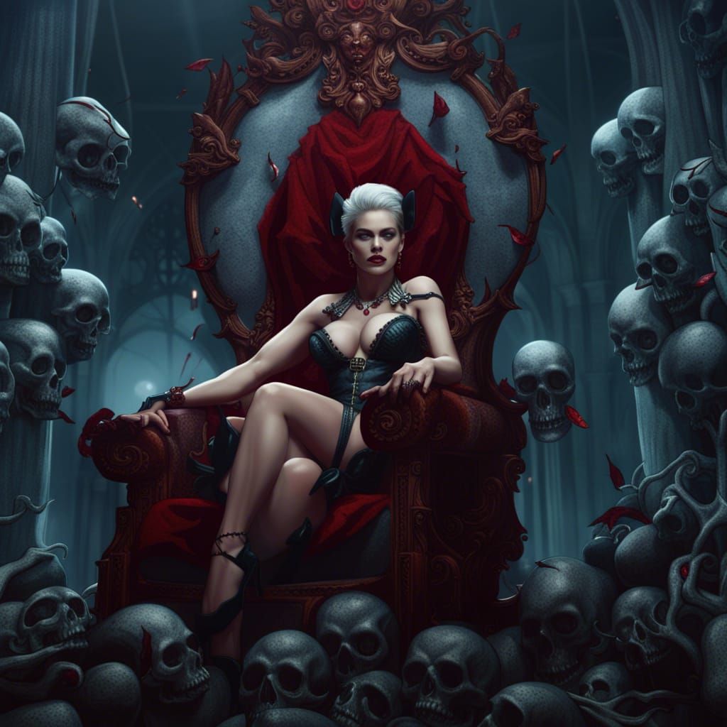 Pinup Vampire Queen on Skull Throne: Detailed Matte Painting
