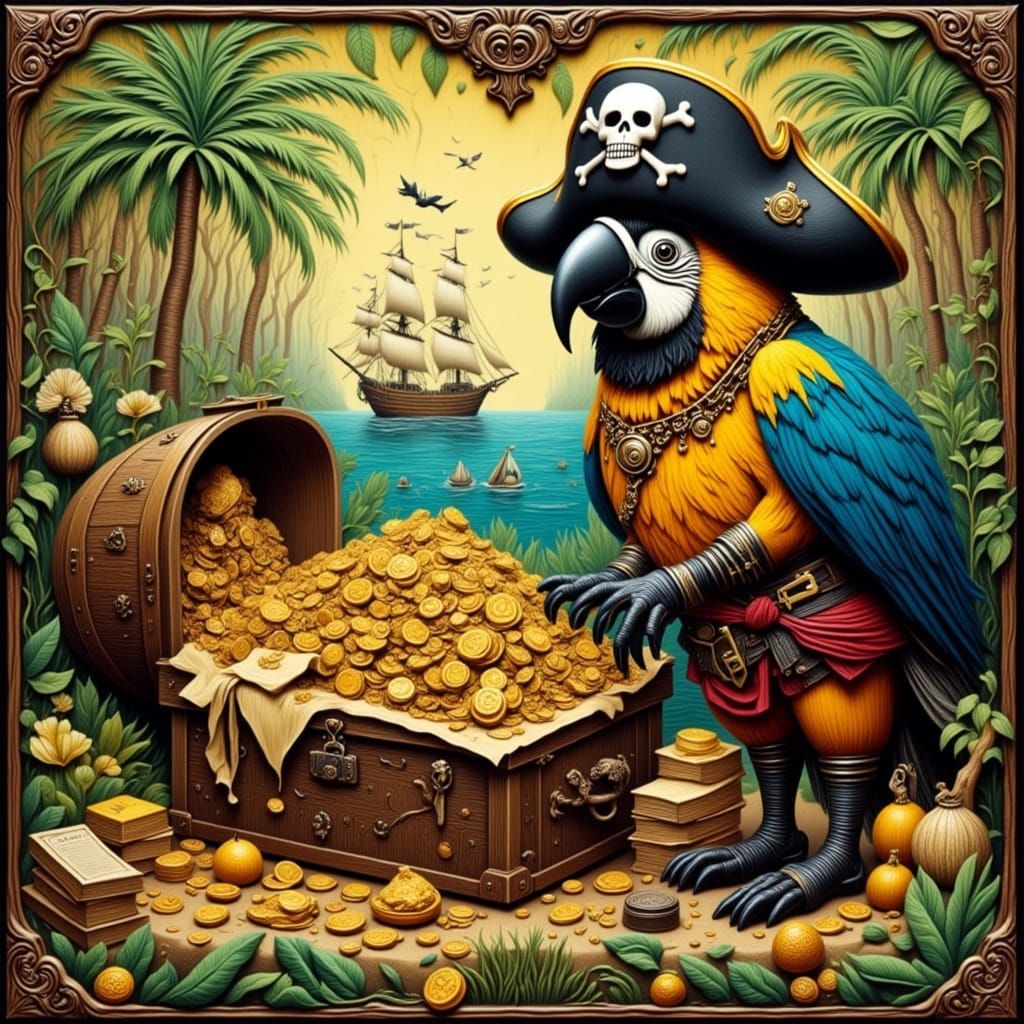 Parrot Pirate Guarding Treasure in Woodcut Style
