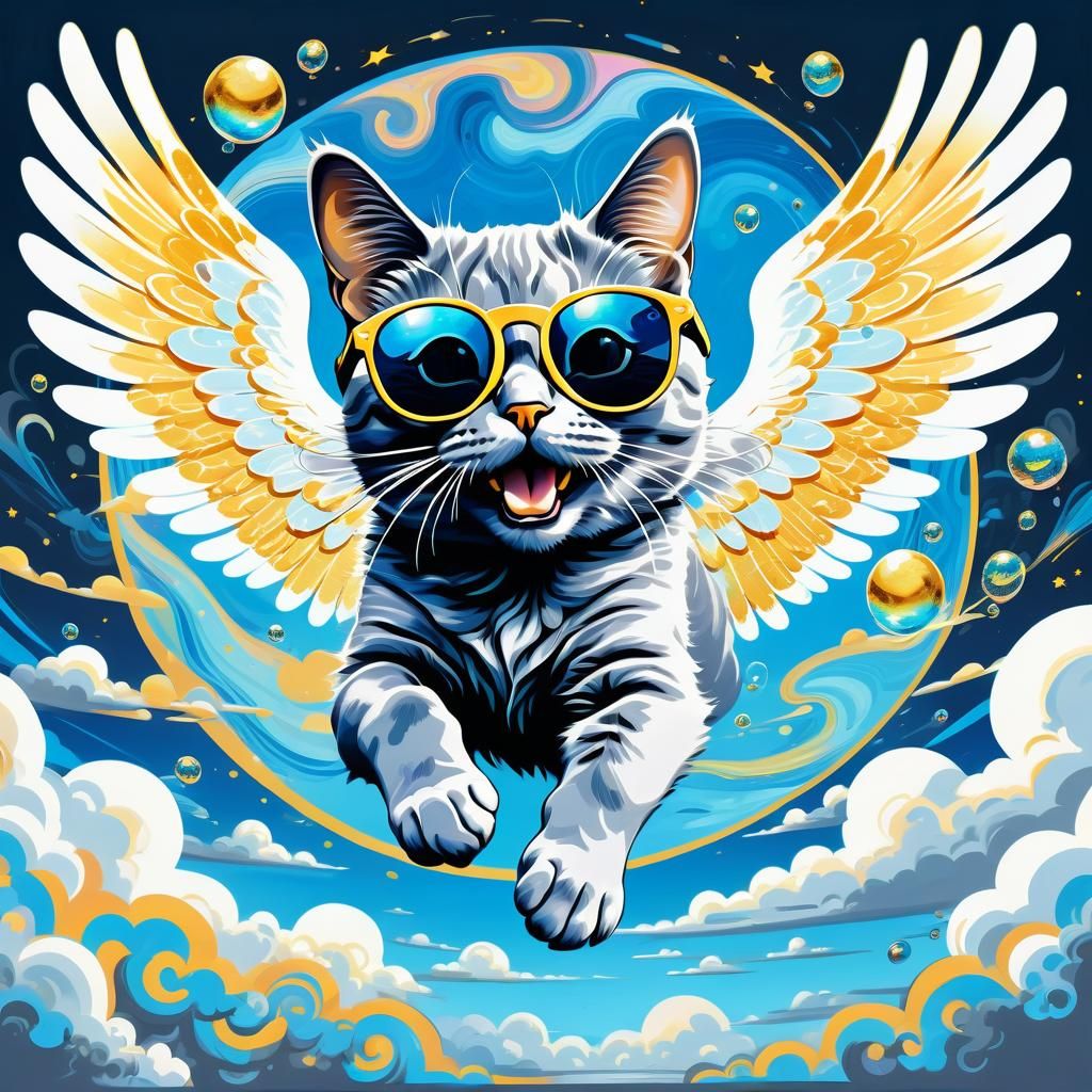 Winged Cat Soaring in Psychedelic Sky