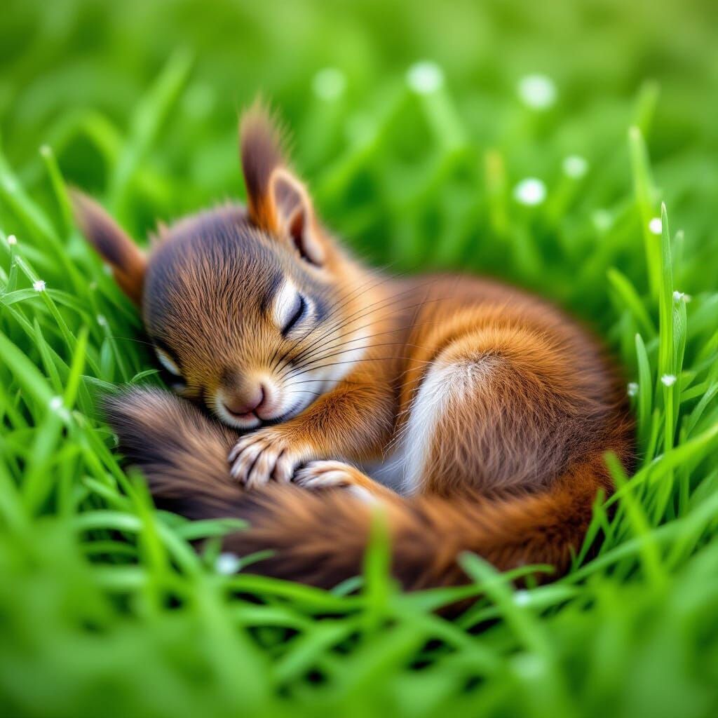 Adorable Baby Squirrel Sleeping Peacefully in Lush Grass