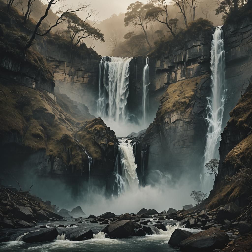Surreal Waterfalls Flowing with Agony, in Oil Painting Style