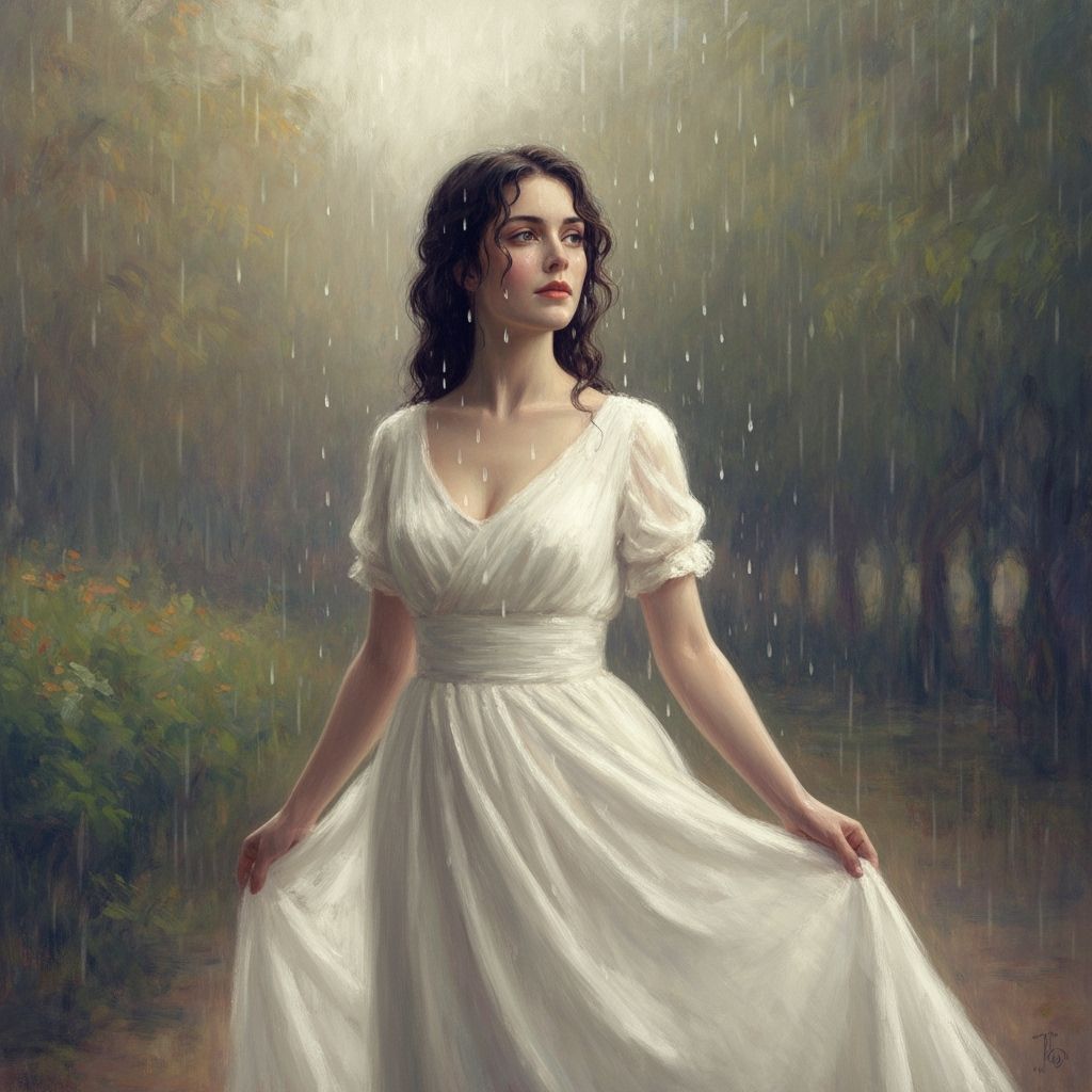 Woman in Rain: Impressionist Style