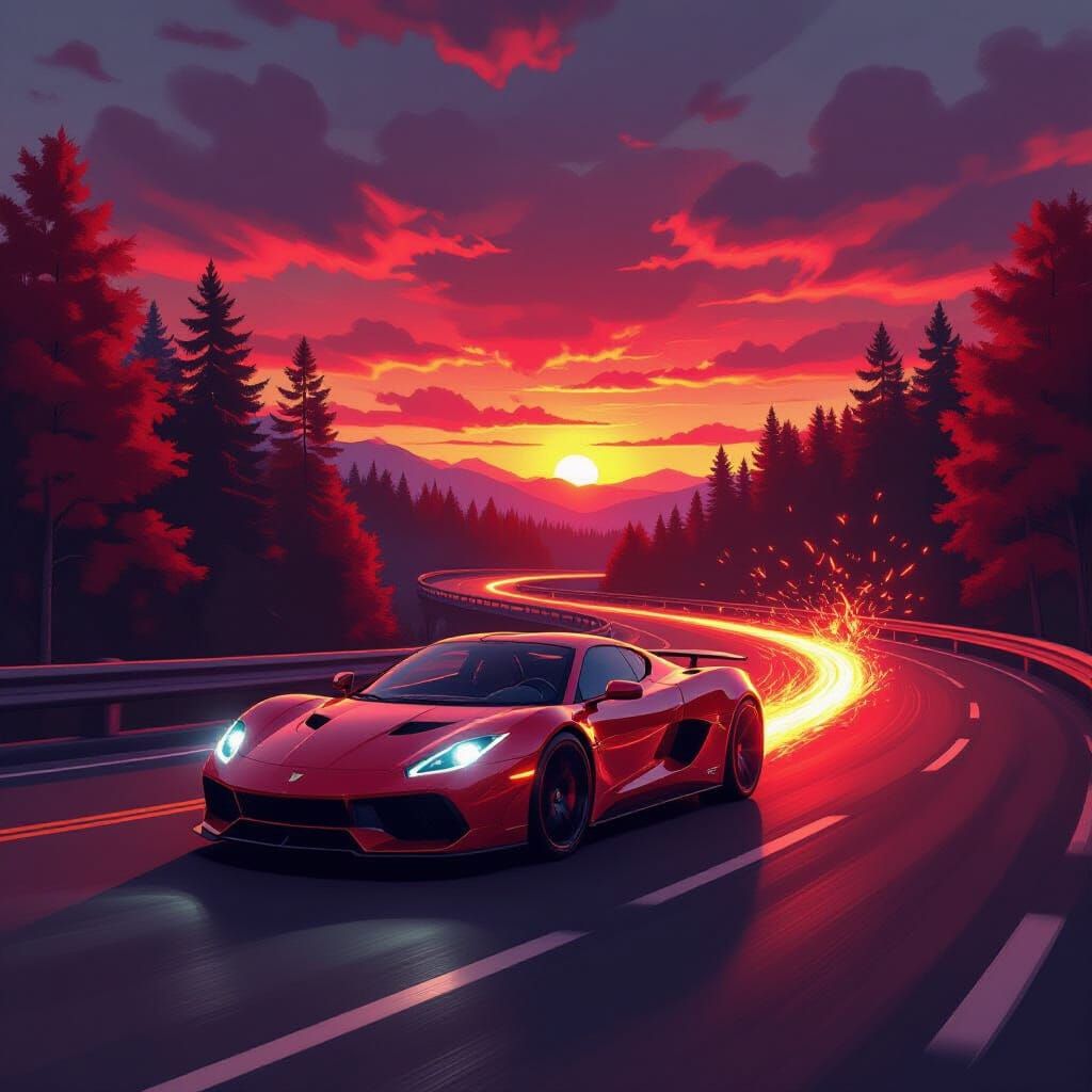 Crimson Sports Car Speeding Through Fiery Autumn Landscape