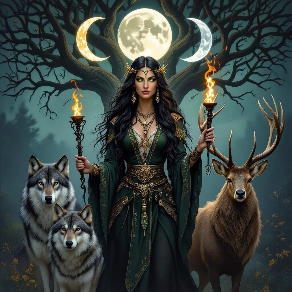 Mystical Goddess Hecate With Wolves And Stag