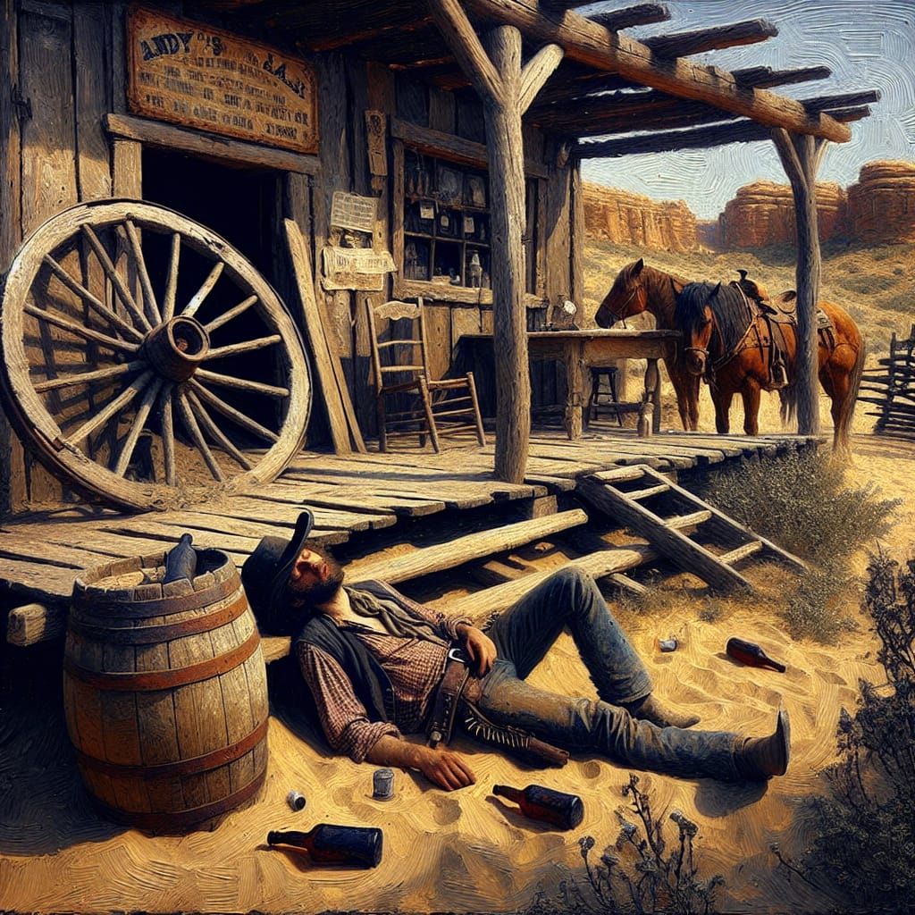 a drunken cowboy lies sleeping outsite, a saloon!