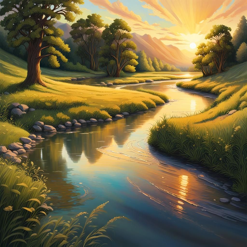 Idyllic Sunset Landscape with Winding River