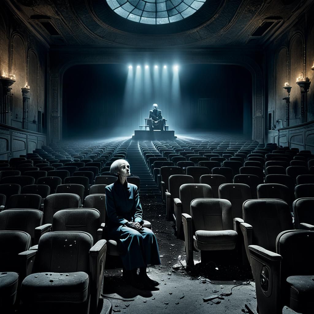 Melancholic Figure in Abandoned Theater: Surreal Oil Paintin...
