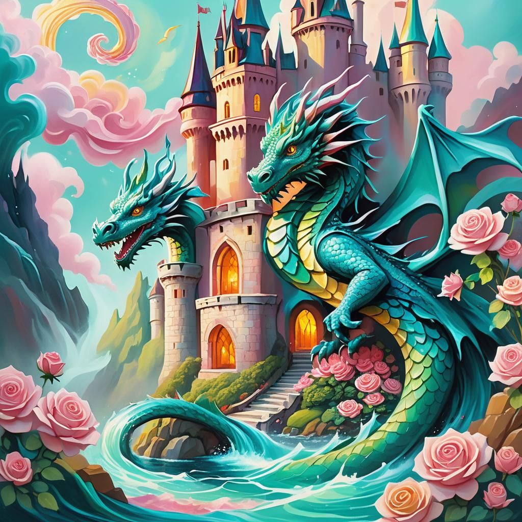 Teal Dragon Emerges from Rose Castle: Gouache Art