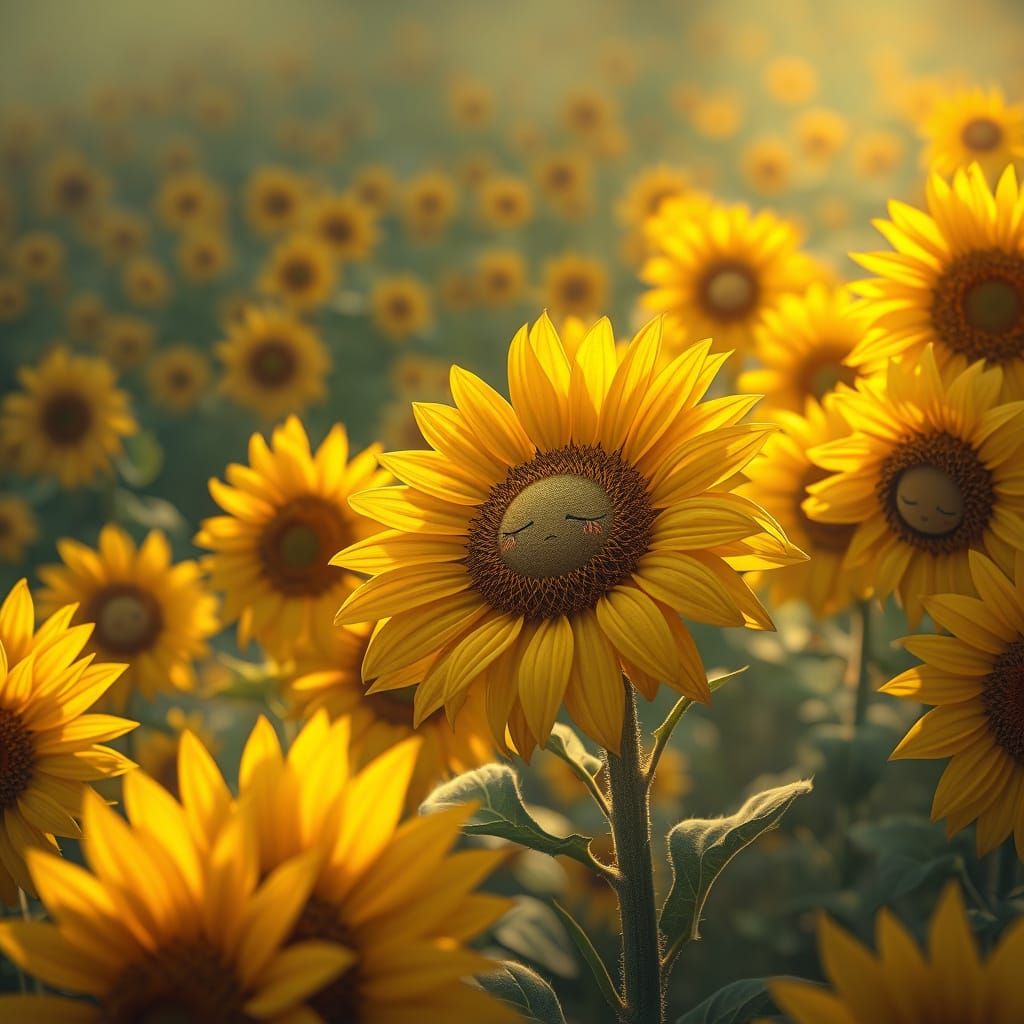 Whimsical Sunflower Field with Sleeping Creatures