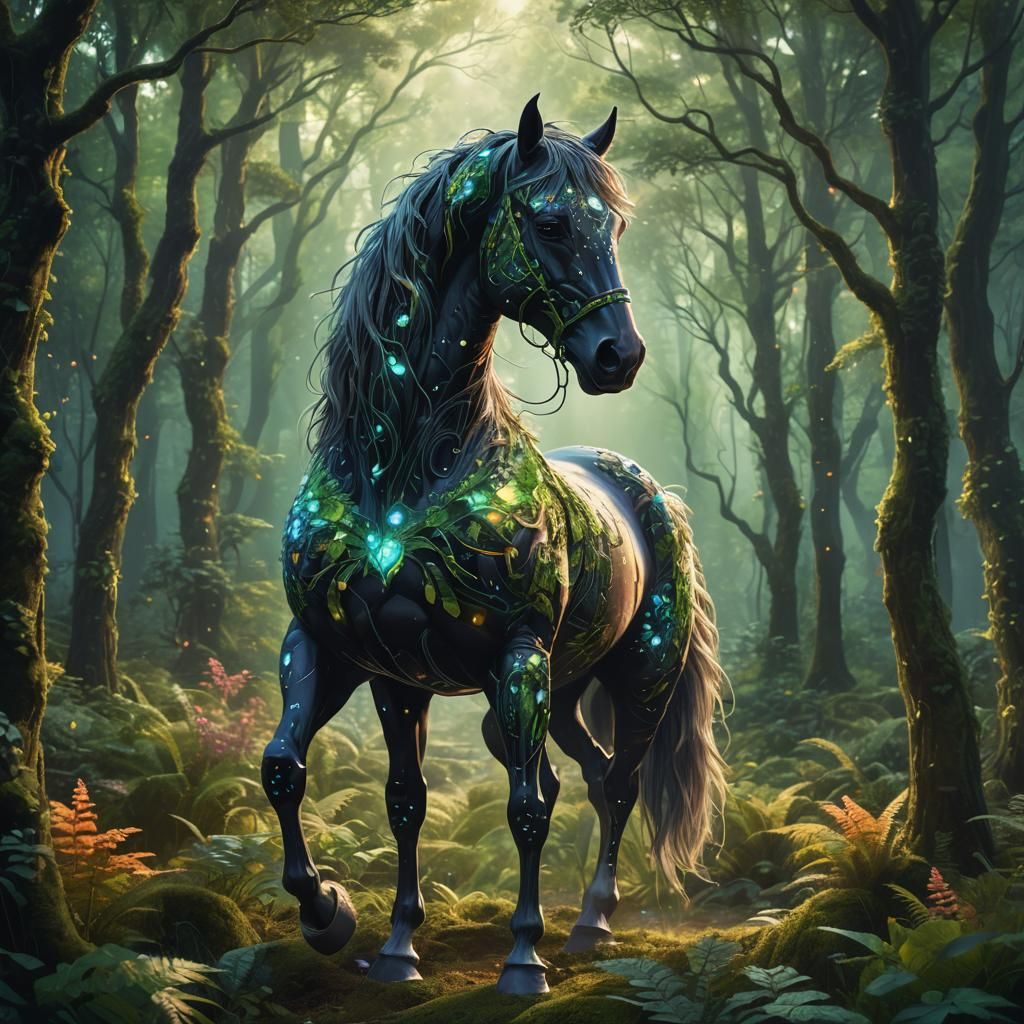 Pixel Horse in Lush Forest: Fantasy Concept Art