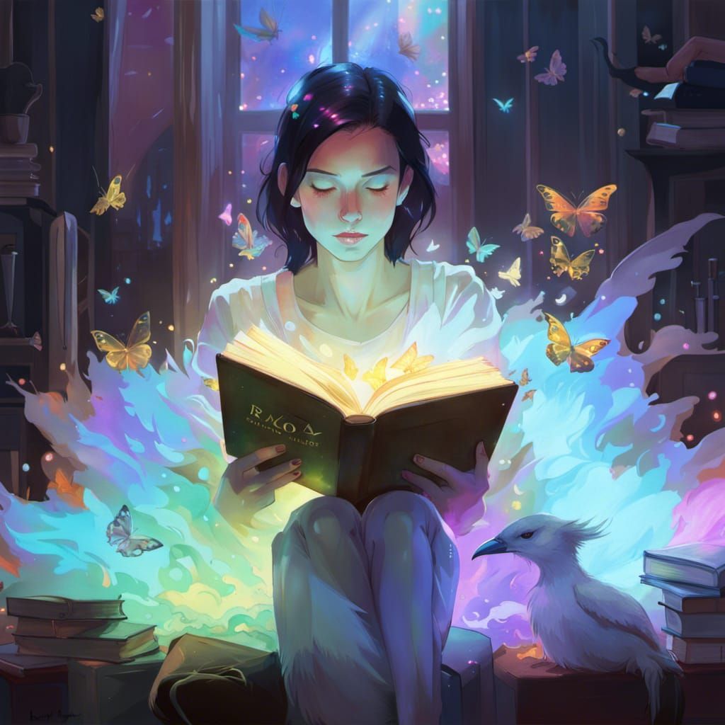 Glowing Books with Raven and Butterflies