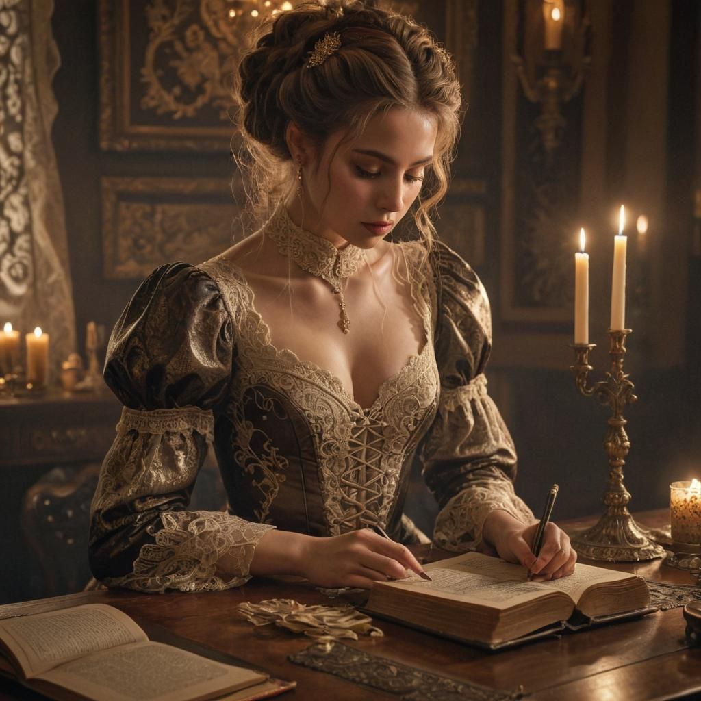 Opulent Woman Writes in Candlelit Study