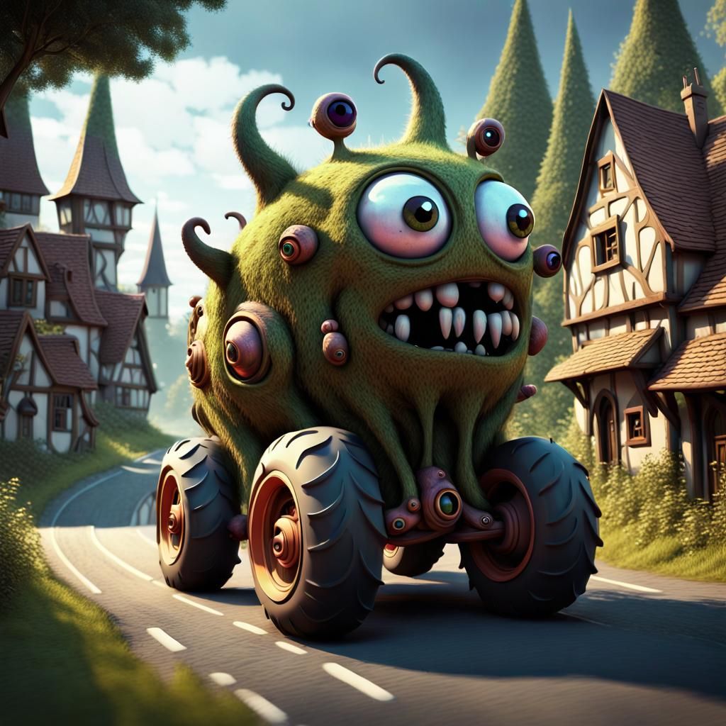 Imaginary gothic fantasy  little funny forest monster  vehicle
