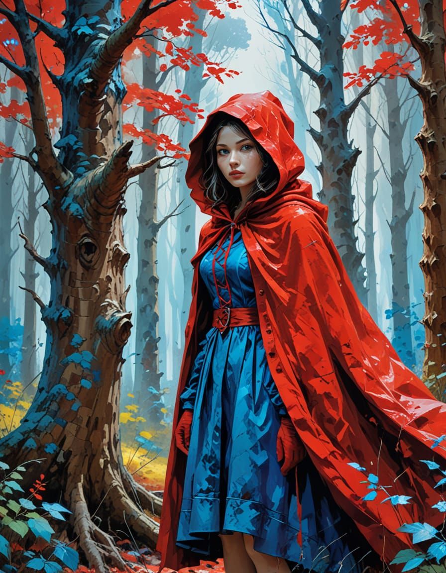 Red Riding Hood in Forest: Abstract Art with Vivid Contrast