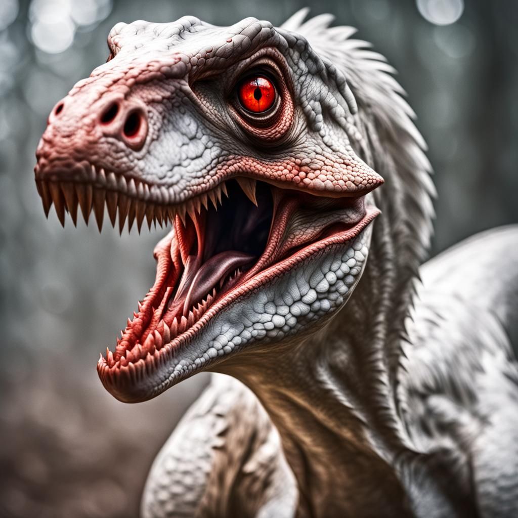 Terrifying Albino Velociraptor Headshot with Red Eyes