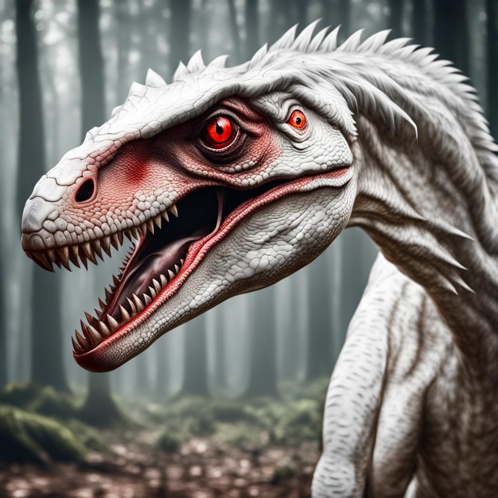 Albino Velociraptor Portrait with Red Eyes
