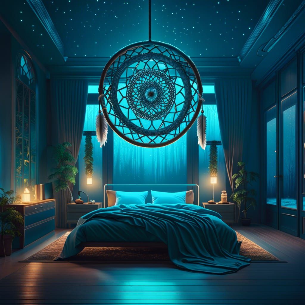 Luminescent Dreamcatcher in Detailed Bedroom, Digital Art