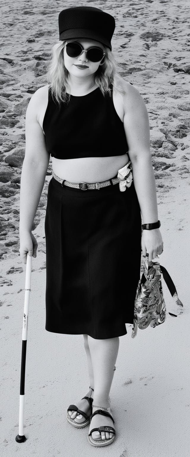 Woman with White Cane on Beach in Summer Attire