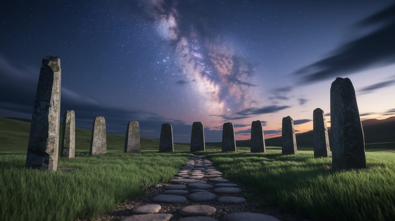 Mystical Stone Circle Under Starry Night Sky