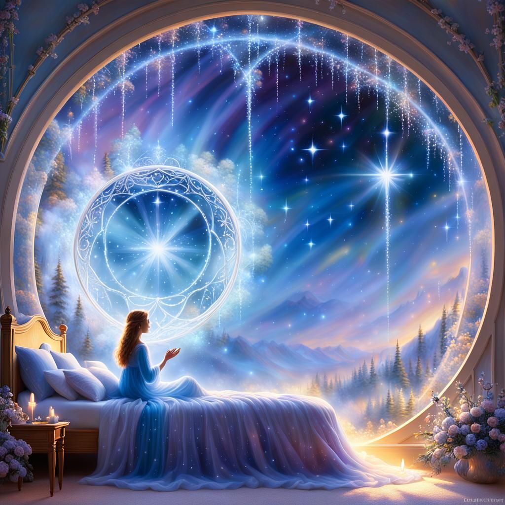 Ethereal Ascent: Glowing Figure Rises to Starlight Portal