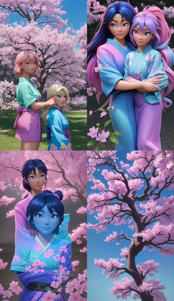 Happy Couple in 3D Anime Style Under Cherry Tree