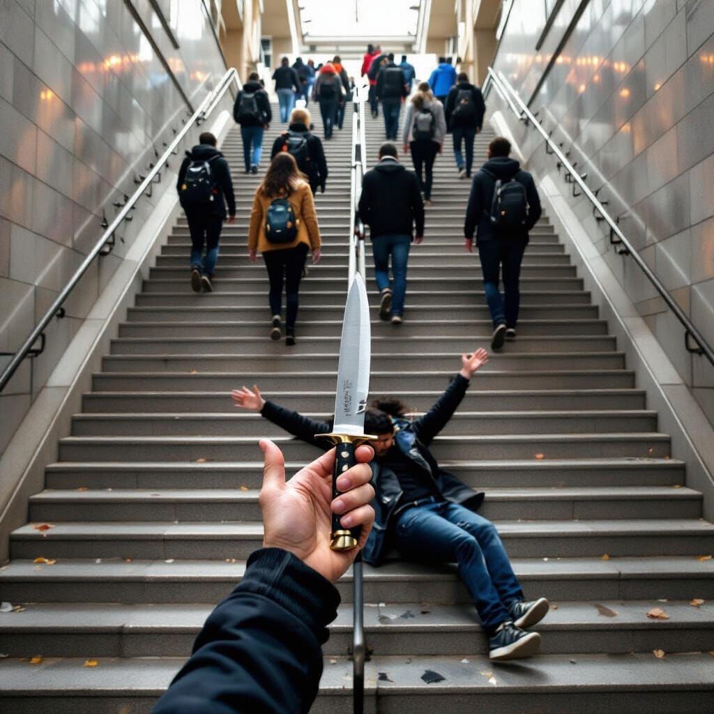 Long Staircase Scene with Falling Figure